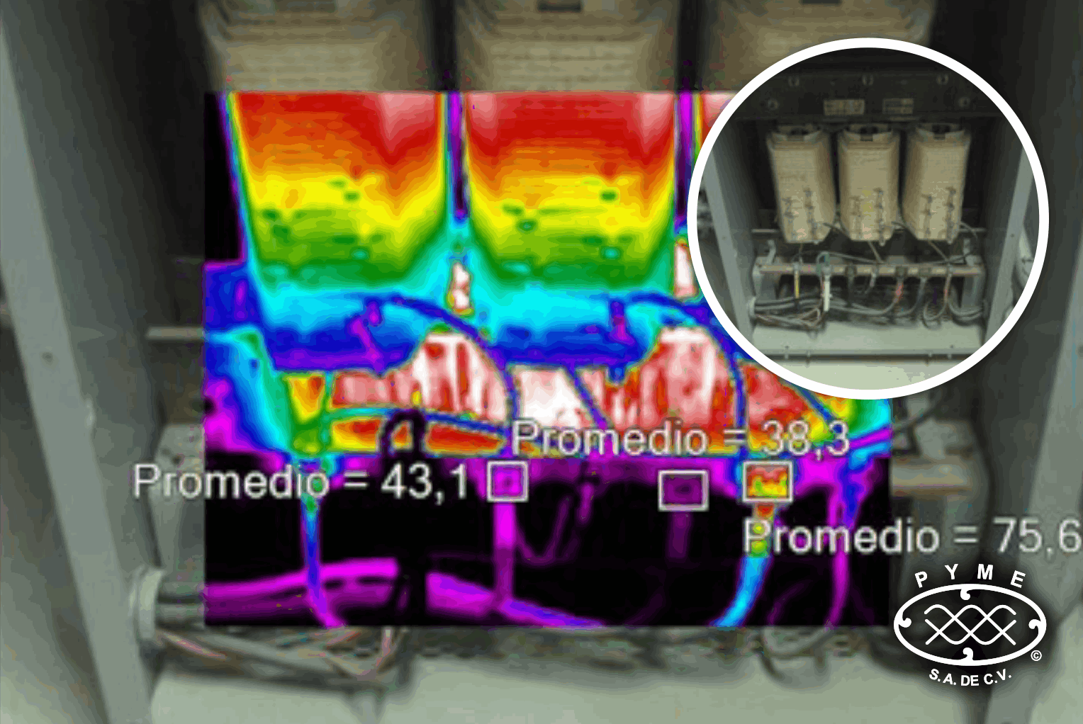 Imagen termográfica mostrando promedios de temperatura 43.1 y 75.6°C