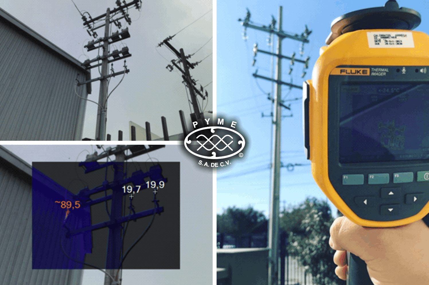 Termografía infrarroja en línea de distribución eléctrica exterior 89.5°C