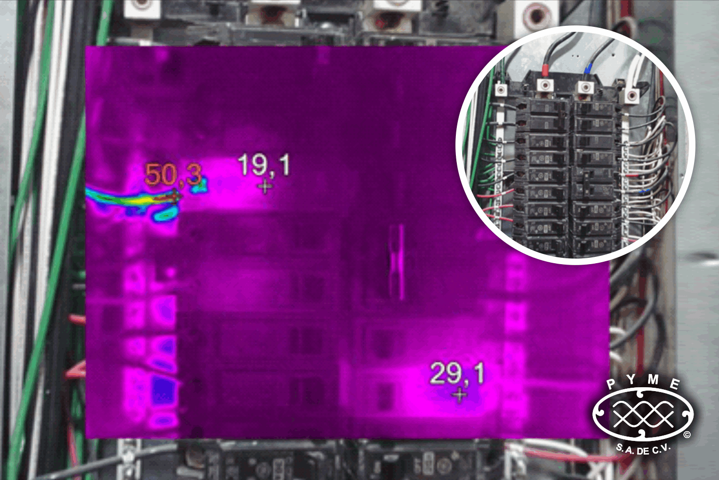 Imagen termográfica tablero eléctrico 50.3°C punto caliente