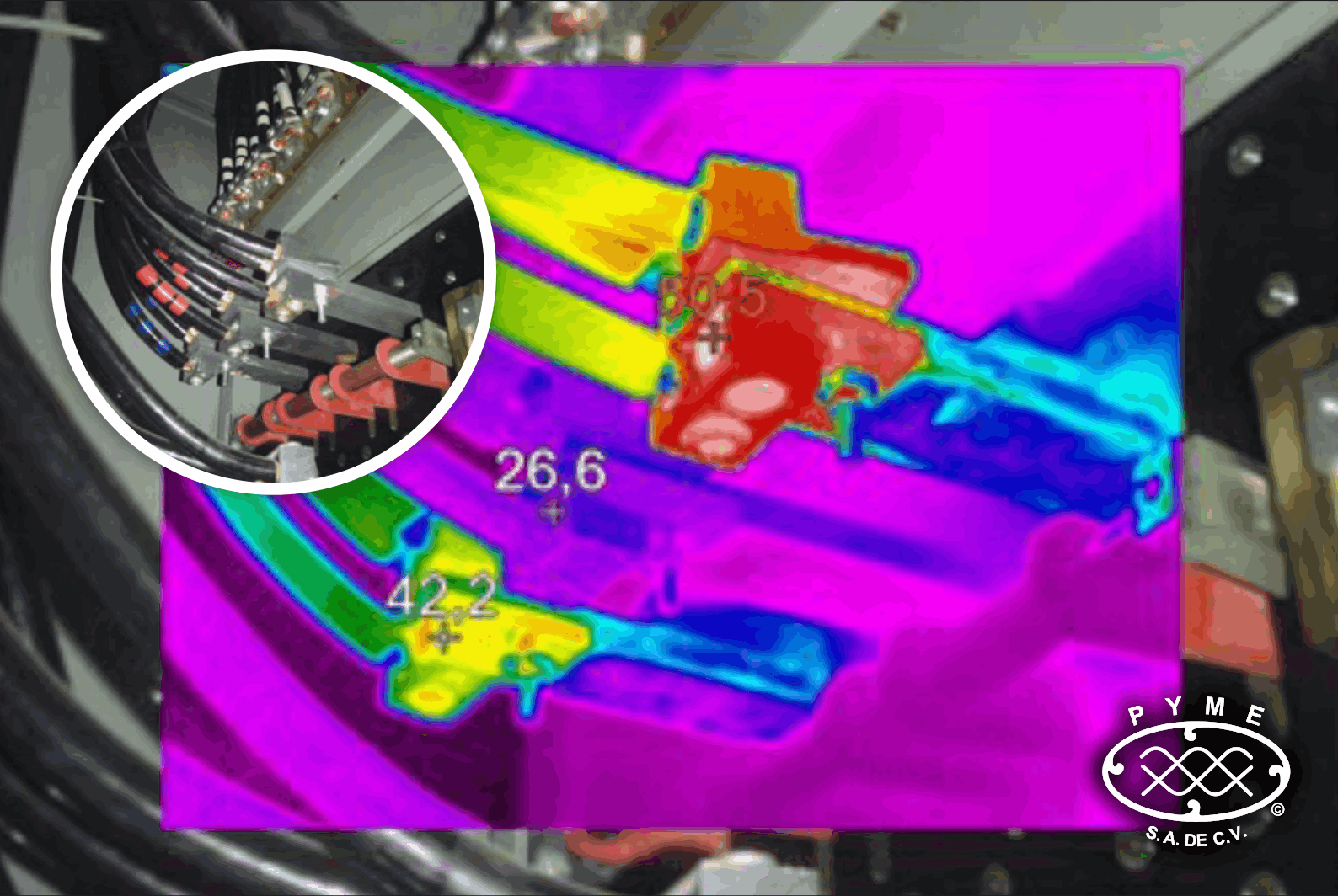Termografía en conexiones de cables 42.2°C y 26.6°C